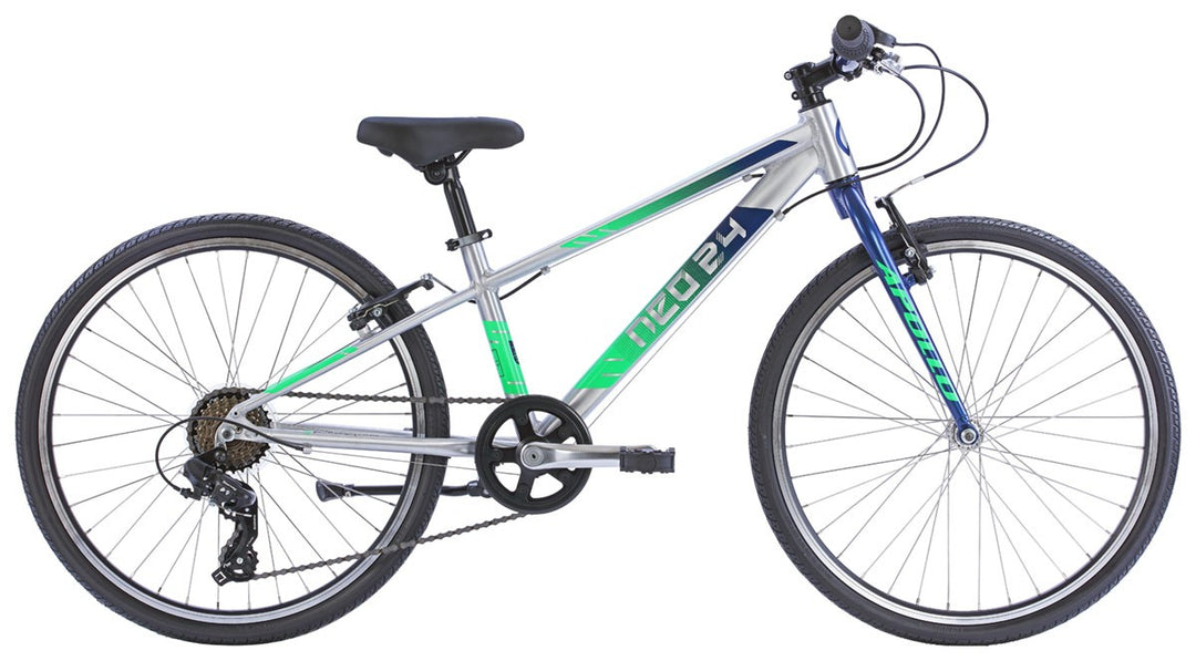 2022 Neo 24 Boys 7spd Kids Mountain Bike [size:24" Colour:alloy/navy Bl/neon Gn]