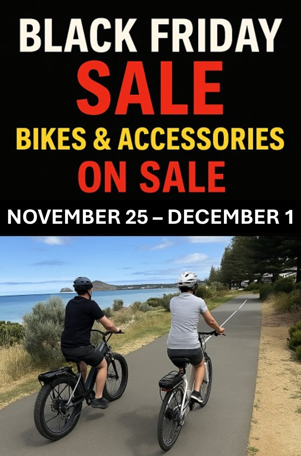 Advertisement for Black Friday bike sale with two people riding bikes on a path.